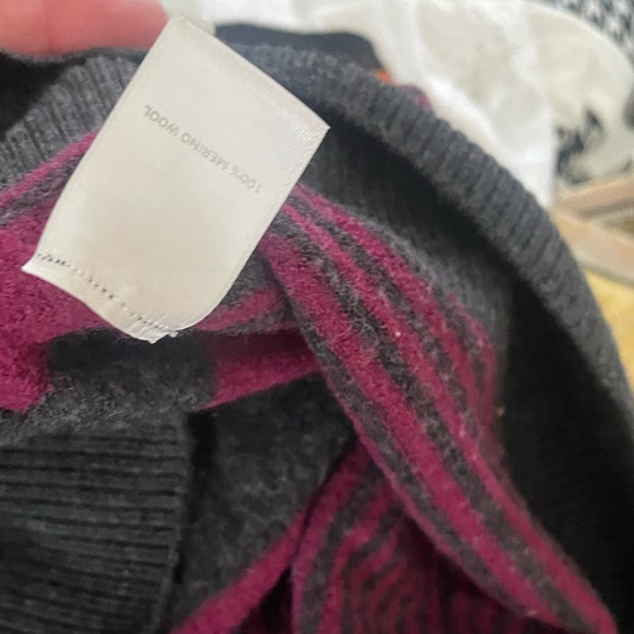 Halogen sweater women's burgundy gray back zip up striped 100% Merino Wool SZ SM - Picture 10 of 11